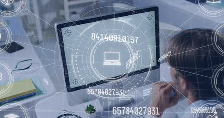 Poster - Animation of data processing over man using computer with blank screen