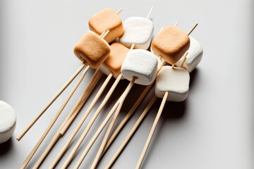 Poster - Roasted marshmallows on sticks on a white background. Generative AI