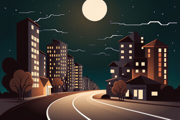 Poster - At night, the city's road is lined with homes, stores, and business buildings. Urban scene in cartoon form with deserted streets, hamlets, and sky filled with stars. Generative AI