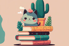 Cartoon Symbol Depicting A Cute Cat Perched On A Stack Of Books. Cartoonishly Flat. Generative AI