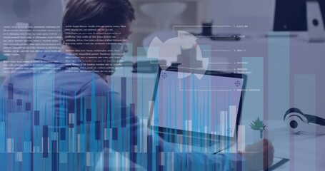 Poster - Animation of financial data processing over caucasian businessman using laptop with copy space