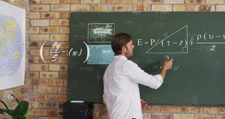 Poster - Animation of mathematical equations over caucasian male teacher