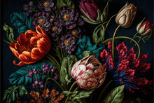 Baroque Flowers In Rich Deep Colors, Tulips On Dark Background