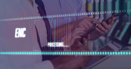Poster - Animation of data processing over diverse business people using smartphones