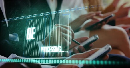 Poster - Animation of data processing over diverse business people using smartphones