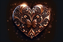 Luxury Shiny Valentines Golden Heart With Ornament Flowers On A Dark Background, Generative AI
