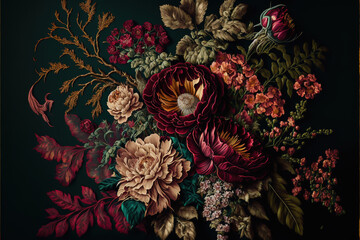 Baroque flowers in rich deep colors, red roses on dark background