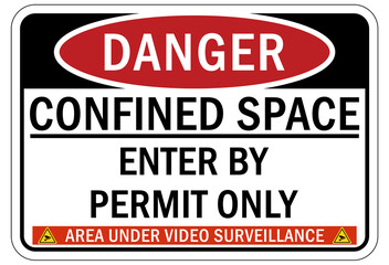 Wall Mural - Confined space sign and labels enter by permit only area under video surveillance