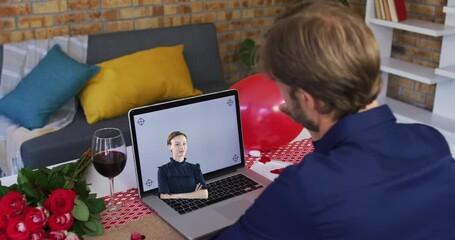 Poster - Animation of caucasian man using laptop with copy space and caucasian woman