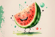 Cartoon Caricature Of A Lovely Watermelon In Watercolor. Generative AI