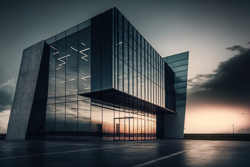 Poster - a perspective shot of a contemporary, steel and glass building façade and an empty cement floor. eve