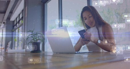 Poster - Animation of social media icons with numbers over biracial woman using smartphone