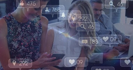 Poster - Animation of social media icons with numbers over diverse people using smartphone
