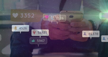 Poster - Animation of social media icons with numbers over caucasian man using smartphone