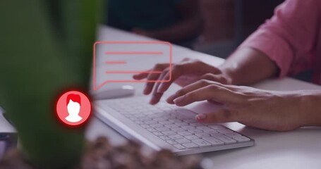 Poster - Animation of social media icons and data processing over woman using computer