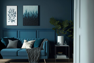 Sticker - accenting the living area in rich, dark colors. Modern minimalist blue furniture and a trendy blue environment. painted blank wall for art. Mockup design for a living room or hallway. Generative AI