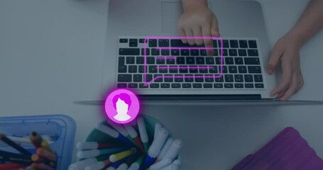Poster - Animation of social media icons and data processing over woman using laptop