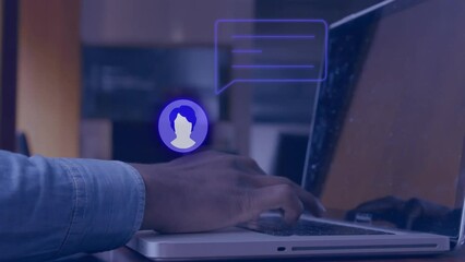 Poster - Animation of social media icons and data processing over man using computer