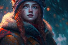 Portrait Of A Fantasy Woman Adventurer  With Red Hair Wearing A Hat