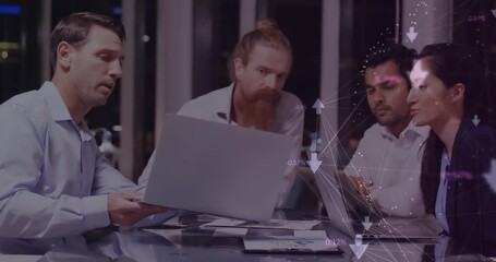 Poster - Animation of network with connections and data processing over diverse business people