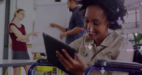 Poster - Animation of network with connections and data processing over diverse business people
