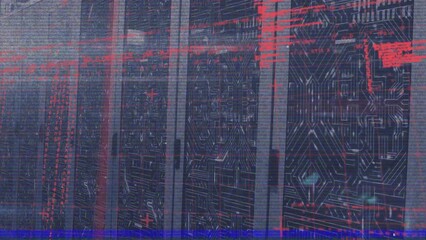 Poster - Animation of glitch technique, computer language and circuit board pattern on server room