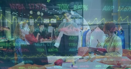 Poster - Animation of financial data processing over diverse businesswomen in office