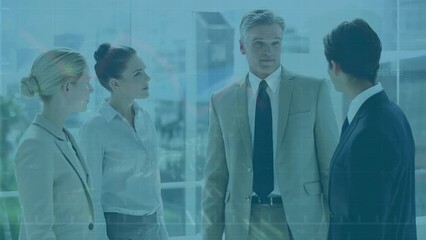 Poster - Animation of financial data processing over smiling diverse business people