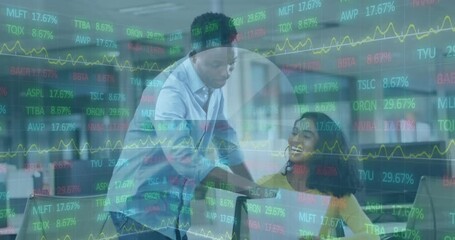 Poster - Animation of financial data processing over diverse business people working in office