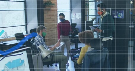 Poster - Animation of financial data processing over business people in face masks