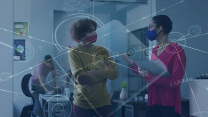 Poster - Animation of network of connections over diverse business people wearing face masks at office