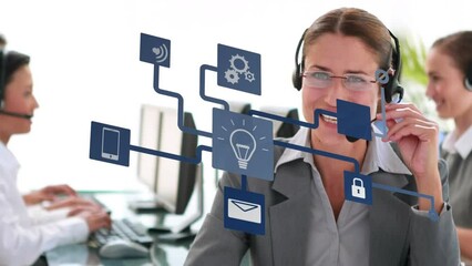 Poster - Animation of networks with icons and data processing over businesswoman using phone headset