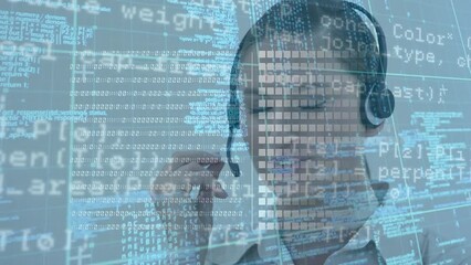 Poster - Animation of data processing over businesswoman using phone headset