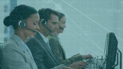 Poster - Animation of data processing over business people using phone headsets