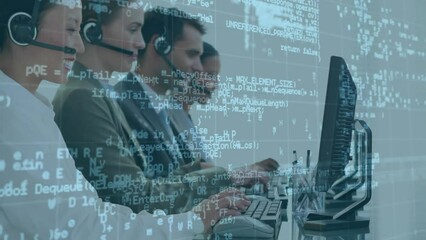 Poster - Animation of data processing over business people using phone headsets