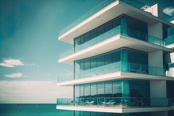 Canvas Print - glass balconies on a new residential building. residences with modern architecture near the water. The building's facade has a lot of glass. Generative AI