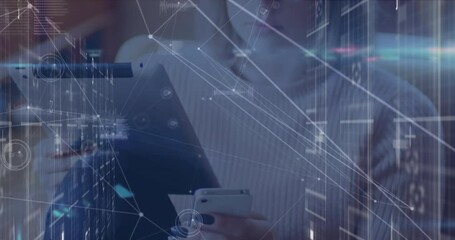 Poster - Animation of icons and data processing over woman using tablet
