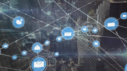 Poster - Animation of connected icons, number and graphs over aerial view of city in background