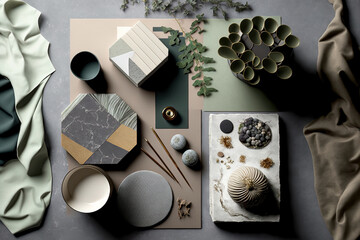 Samples of construction, textile, and natural materials, as well as fashion accessories, are shown in a flat lay of a creative architect's moodboard composition. Grey backdrop, top view, and template