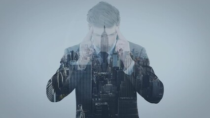 Poster - Animation of purple pattern over cityscape and businessman
