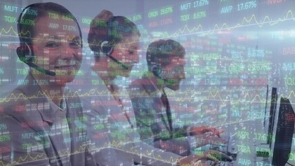 Poster - Animation of trading board, caucasian customer representatives working on computer with headphones