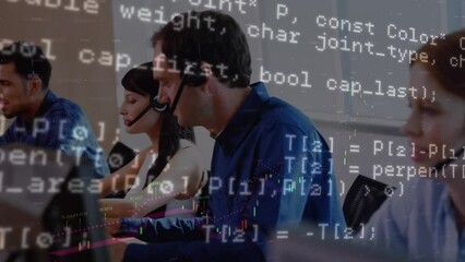 Poster - Animation of computer language, graphs, diverse customer representatives working on computer