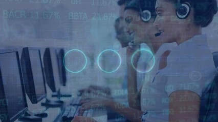 Poster - Animation of circles, globe, trading board over diverse customer representatives working on computer