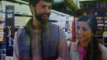 Poster - Animation of financial dat processing over caucasian couple shopping