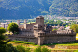 Fototapeta Big Ben - Scenic view of ancient stone Montebello Castle on hilltop in Swiss town of Bellinzona on sunny summer day, canton of Ticino