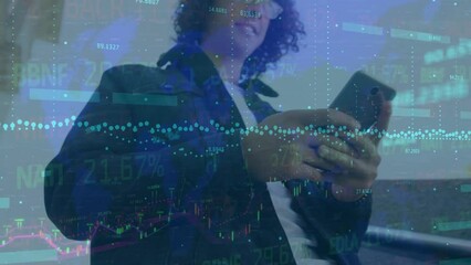 Poster - Animation of financial data processing over caucasian man using smartphone