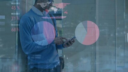 Poster - Animation of financial data processing over caucasian man using smartphone