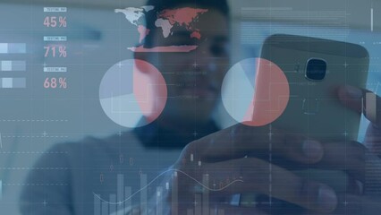 Poster - Animation of financial data processing over man using smartphone