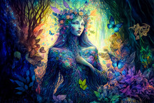 Enchanted Fairy  In A Fantasy Magical Forest With Butterflies And Magic Flowers. Concept Art	