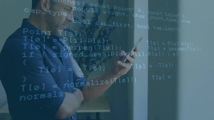 Poster - Animation of financial data processing over caucasian businessman using smartphone